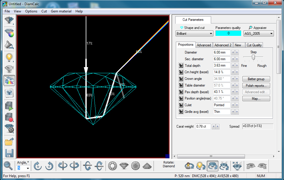 DiamCalc screen set to wire frame and basic ray tracing