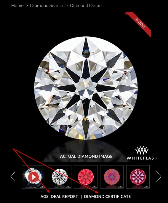 Diamond detail viewer showing the main stone image with a row of supplementary light-performance images underneath. Red arrows point to the links labeled AGS Ideal Report and Diamond Certificate.